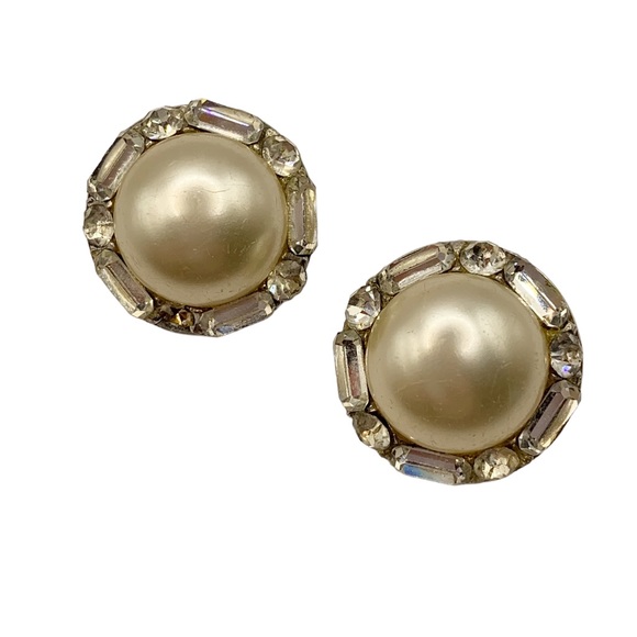 Coro vintage baguette rhinestone pearl round button dome sparkling earrings - Picture 2 of 15
